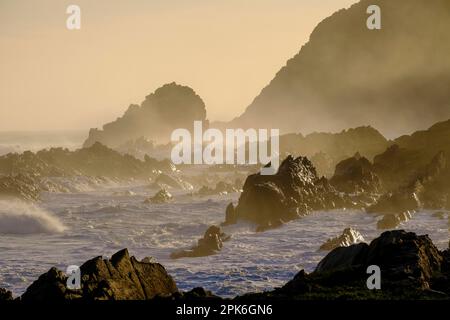 Evening atmosphere, surf, strong waves in the ocean, wild rocky coast at Tsitsikamma National Park, Garden Route, Eastern Cape, South Africa Stock Photo