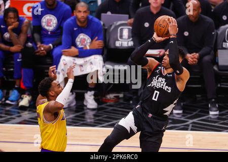 Los Angeles, California, USA. 5th Apr, 2023. Los Angeles Clippers guard Russell Westbrook (0) shoots against Los Angeles Lakers forward Rui Hachimura (28) during an NBA basketball game at Crypto.com Arena in Los Angeles Wednesday, April 5, 2023. (Credit Image: © Ringo Chiu/ZUMA Press Wire) EDITORIAL USAGE ONLY! Not for Commercial USAGE! Stock Photo