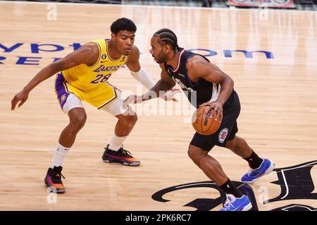 Los Angeles, California, USA. 5th Apr, 2023. Los Angeles Clippers forward Kawhi Leonard (2) is defended by Los Angeles Lakers forward Rui Hachimura (28) during an NBA basketball game at Crypto.com Arena in Los Angeles Wednesday, April 5, 2023. (Credit Image: © Ringo Chiu/ZUMA Press Wire) EDITORIAL USAGE ONLY! Not for Commercial USAGE! Stock Photo