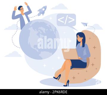 Programming team concept, Computer games, virtual world and IoT development, VR graphic design, testing and deployment, flat vector modern illustratio Stock Vector