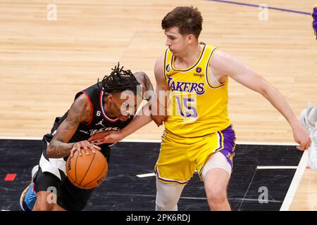 Los Angeles, California, USA. 5th Apr, 2023. Los Angeles Lakers guard Malik Beasley (5) drives against Los Angeles Lakers guard Austin Reaves (15) during an NBA basketball game at Crypto.com Arena in Los Angeles Wednesday, April 5, 2023. (Credit Image: © Ringo Chiu/ZUMA Press Wire) EDITORIAL USAGE ONLY! Not for Commercial USAGE! Stock Photo