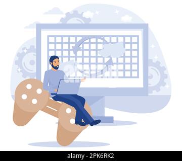 Programming team concept, Computer games, virtual world and IoT development, VR graphic design, testing and deployment, flat vector modern illustratio Stock Vector
