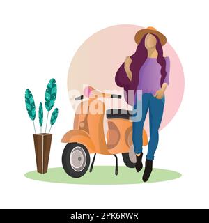 Vector standing young women in front of scooter flat vector illustration design Stock Vector