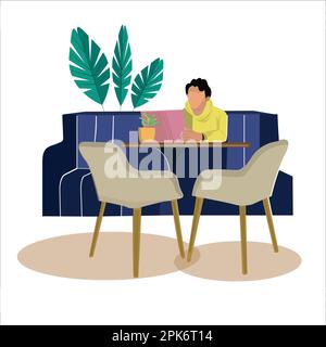 Vector man working with his laptop at living area flat vector illustration design Stock Vector