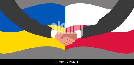 Handshake of two hands against the background of the flags of Poland and Ukraine Stock Vector