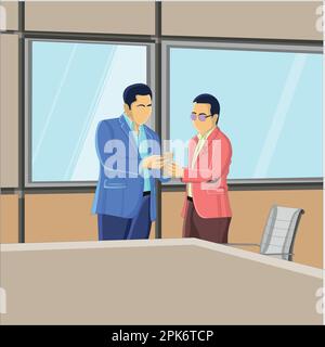 Vector two men discuss while looking at the phone at office room flat vector illustration image Stock Vector