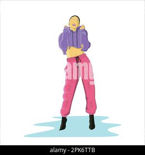 Vector fashionable girl wearing winter crop hoodie with puffer pant flat vector illustration design Stock Vector