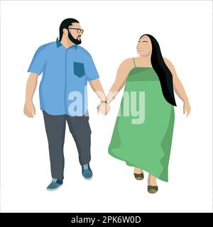 Vector cute chubby couple walking with holding their hands and looking at each other flat vector image Stock Vector