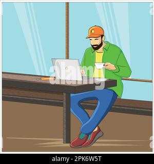 Vector man working with his lap while drinking coffee at cafe flat vector illustration design Stock Vector