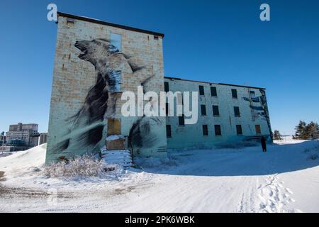 Polar bear mural at the decommissioned port in Churchill, Manitoba, Canada Stock Photo