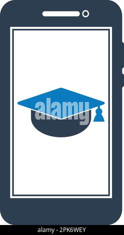 E Learning Icon. Graduation cap symbol on Mobile Screen. Stock Vector