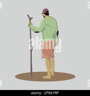 Flat design of standing boy wearing hat and holding wooden stick Stock Vector