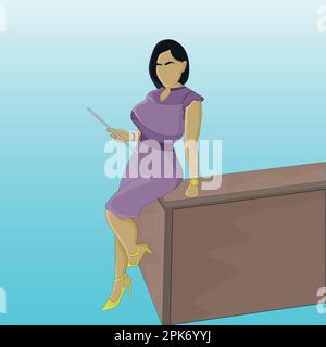 A woman in a purple dress leaning against a table Stock Vector