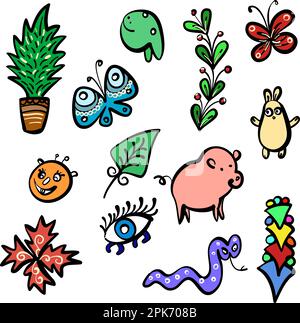 Hand Drawn Sketch Art Set of Funny Colorful Cartoon Doodle. Animals, Plants, Symbols. Illustrations on White Backdrop for Creative Designs Stock Vector