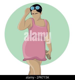 Flat design of woman in pink short dress with sunglasses on head Stock Vector