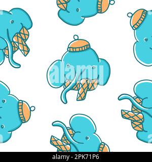 Happy New Year. Elephant in warm winter hat. Vector illustration in cartoon flat style isolated on white background. Stock Vector