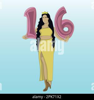 Flat design of cute girl in yellow dress wearing crown and holding number 16 Stock Vector