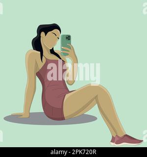 Flat design of stylish girl in cute dress taking a mirror selfie Stock Vector