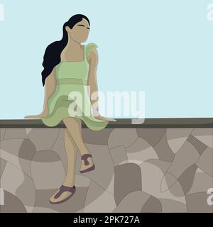 Flat design of girl in green dress sitting on embankment Stock Vector