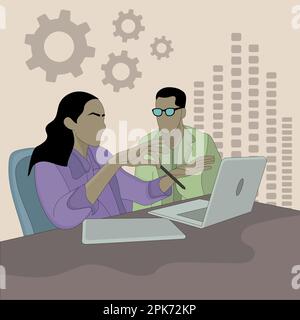 Flat design of discussing a woman and a man using laptop computer Stock Vector