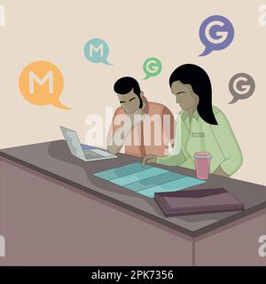 Flat design of a man and a woman sitting and talking Stock Vector
