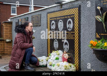 Natasha Butler granddaughter of Paddy Butler who was killed during the Springhill Westrock killings at the Springhill Massacre Memorial Garden. Stock Photo