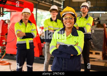 Group of technicians engineers workers posing to camera with smile Stock Photo