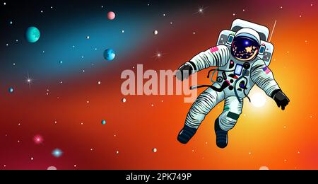 An astronaut in a spacesuit is in open space against the background of the sun and stars. Stock Vector