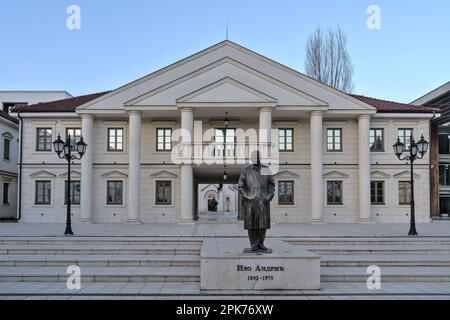 Višegrad, Bosnia and Herzegovina – February 2023: Sculpture of Ivo Andrić in Andrićgrad, built on the site of a detention camp during bosnian war Stock Photo