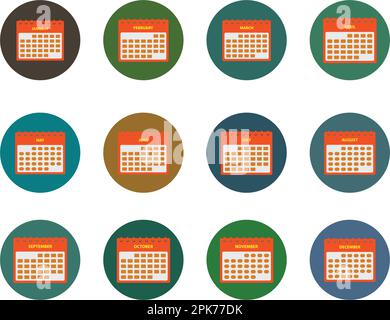 12 Months Calendar Icon Set. Button style vector EPS. Stock Vector