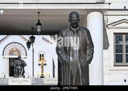 Višegrad, Bosnia and Herzegovina – February 2023: Sculpture of Ivo Andrić in Andrićgrad, built on the site of a detention camp during bosnian war Stock Photo