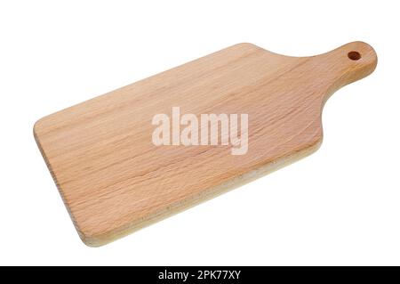 Homemade wooden kitchen cutting board made from beech. Isolated on white Stock Photo