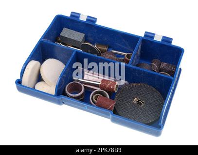 Old miniature dusty tools for electric engraver. Isolated on white Stock Photo