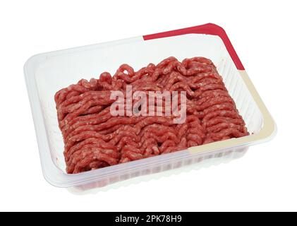 Raw minced beef in a plastic container isolated Stock Photo