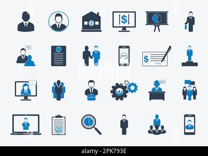 Business Management Icons with Corporate Man, Bank, Team, Data Analysis, Presentation, Contract, Online Help, Insurance Sign. Editable Vector EPS Symb Stock Vector