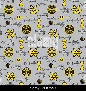 Seamless pattern with physics formula and symbols on grey background. Stock Vector