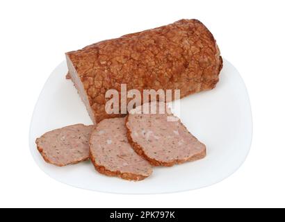 Homemade meatloaf "fake hare" from chicken and pork  meat. Isolated on white Stock Photo