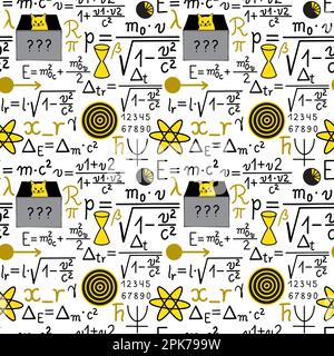 Seamless pattern with physics formula, symbols and Schrodingers cat. Stock Vector