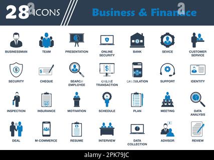 Business and Finance Icon Set. Collection of businessman, team, bank, security, service, transection, plan, meeting, review, data, resume icons. Edita Stock Vector