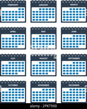 12 Months Calendar Icon set. Flat style vector EPS. Stock Vector