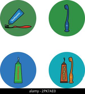 Colorful Toothbrush and Toothpaste icon set. Button Style Vector EPS. Stock Vector