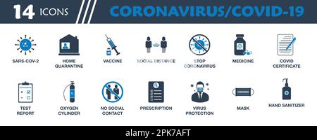 Coronavirus, Covid-19 Icon Set. Collection of Vaccine, Report, Social Distance, Mask, Hand Sanitizer and Medicine Icons. Editable Vector Symbol Illust Stock Vector
