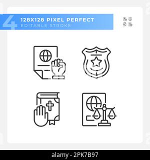 Low protecting human rights pixel perfect linear icons set Stock Vector
