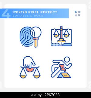 Crime evidences performing in court pixel perfect RGB color icons set Stock Vector