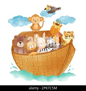 Noah 's ark with many wildlife animals . The flood concept . Realistic watercolor paint with paper textured . Cartoon character design . Vector . Stock Vector