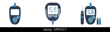 Glucometer Icon Set. Collection of Diabetic Meter, Lancet Pen and Strip Icons. Editable Flat Vector Illustration. Stock Vector