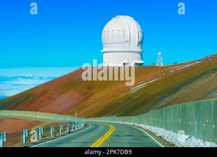 Mauna Kea Observatory seen from the road below. Stock Photo