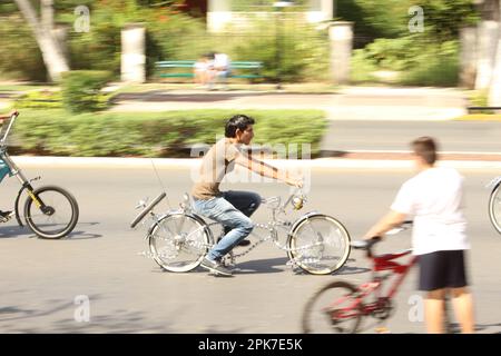 MERIDA, MEXICO - OCTOBER 23, 2016 Sunday cycling on the  Paseo de Montejo - fancy customized bicycle Stock Photo