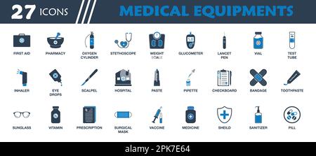 Medical Equipment Icon Set. Collection of First Aid Box, Mortar and Pestle, Stethoscope, Weight Scale, Glucometer, Inhaler, Scalpel, Hospital and Vacc Stock Vector