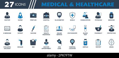 Medical and Healthcare Icon set. Collection of Doctor, Nurse, Hospital, Physician, Medicine, Vaccine, First Aid, Stethoscope and Report icons. Editabl Stock Vector